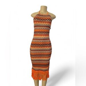 Orange Patterned Halter Dress
